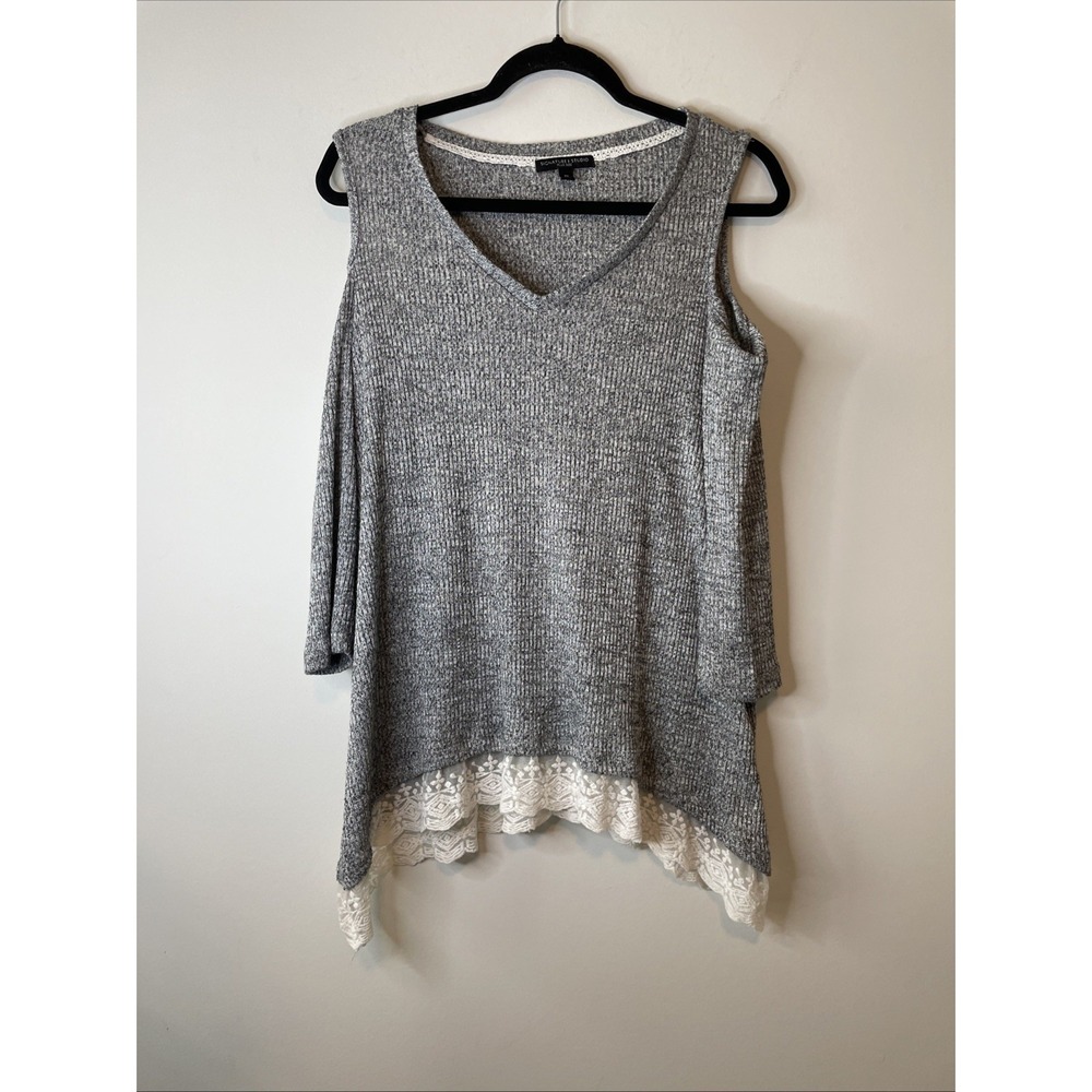 Signature 1 Studio 2X Gray Sparkle Cold Shoulder Lace Hem Tunic Top Stretch